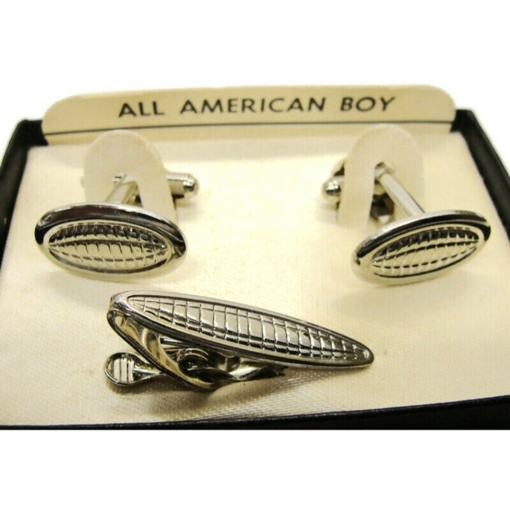 Cufflinks Neck Tie Clip All American Boy Stainless Steel Shirt Dress Suit Vtg